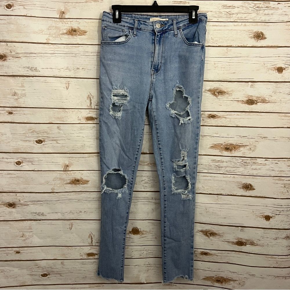 Levis 721 Distressed High Rise Skinny Raw Hem Denim Jeans